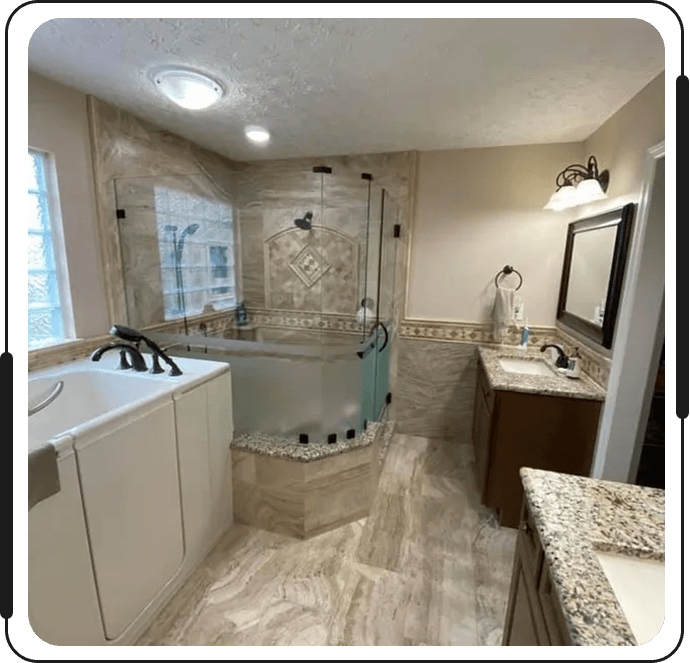 A bathroom with marble floors and walls.